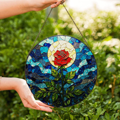 Red Rose with Moonlight Stained Glass Suncatcher Window Decor Gift for Mom