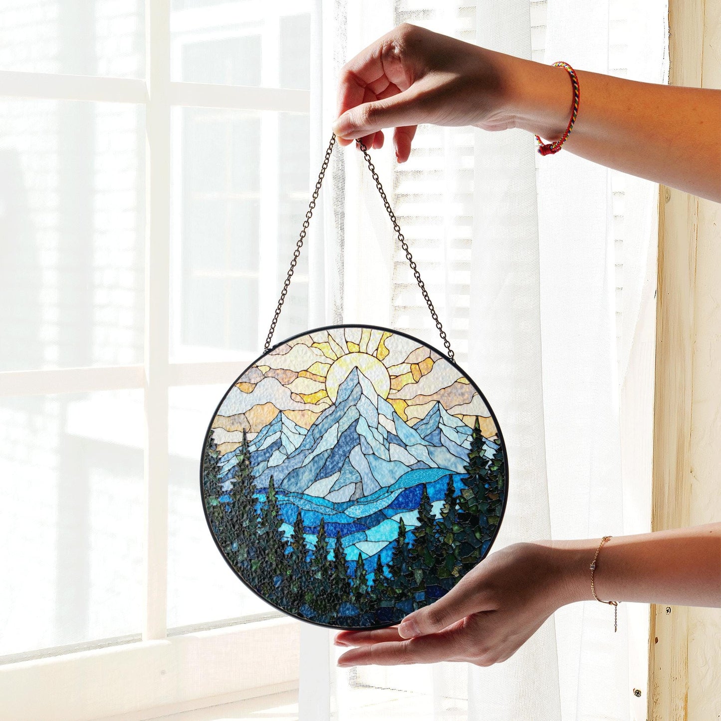 Mountain Sun and Forest Suncatcher Stained Glass Art Gift for Nature Lover