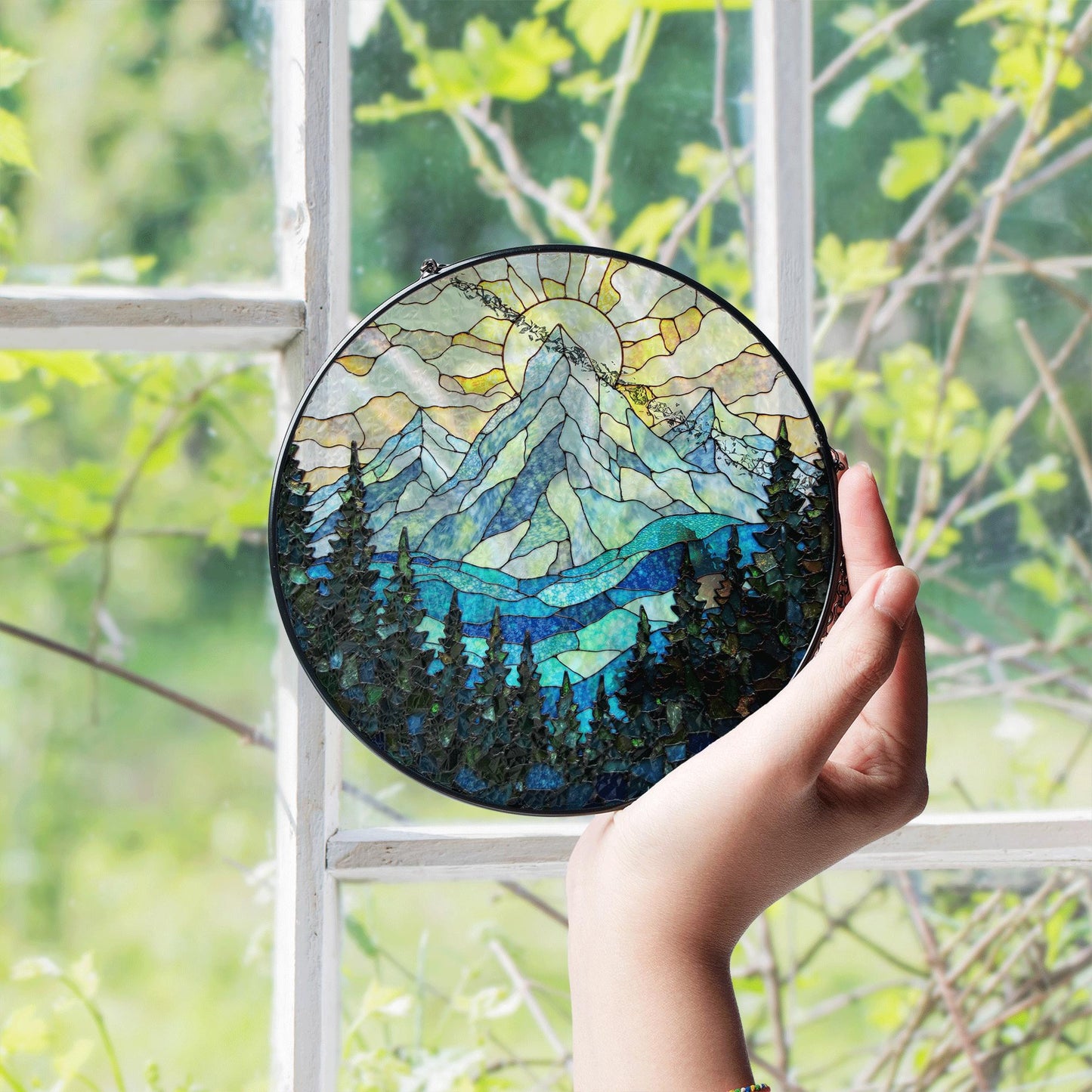 Mountain Sun and Forest Suncatcher Stained Glass Art Gift for Nature Lover