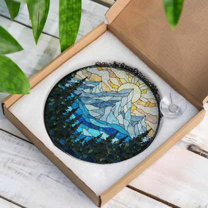 Mountain Sun and Forest Suncatcher Stained Glass Art Gift for Nature Lover