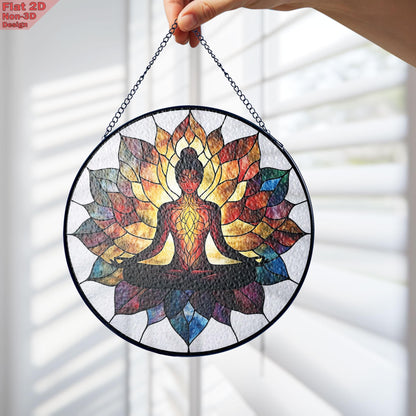 Meditation Stained Glass Suncatcher, Yoga Chakra Window Hanging, Lotus Mandala Decor, Mindfulness Gift, Zen Art, Gift for Mom, Mothers Day