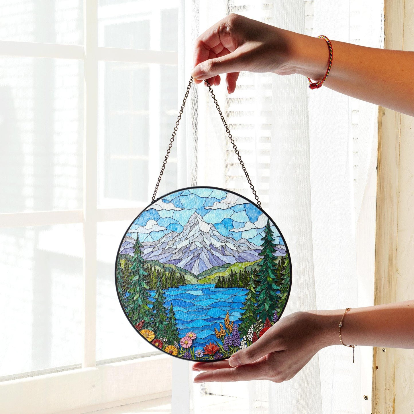 Mountain Lake View Stained Glass Style Suncatcher Nature Scene Art Gift for Hikers and Campers