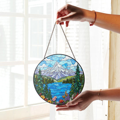 Mountain Lake View Stained Glass Style Suncatcher Nature Scene Art Gift for Hikers and Campers
