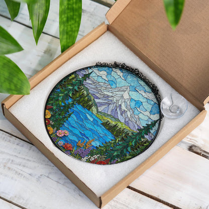 Mountain Lake View Stained Glass Style Suncatcher Nature Scene Art Gift for Hikers and Campers