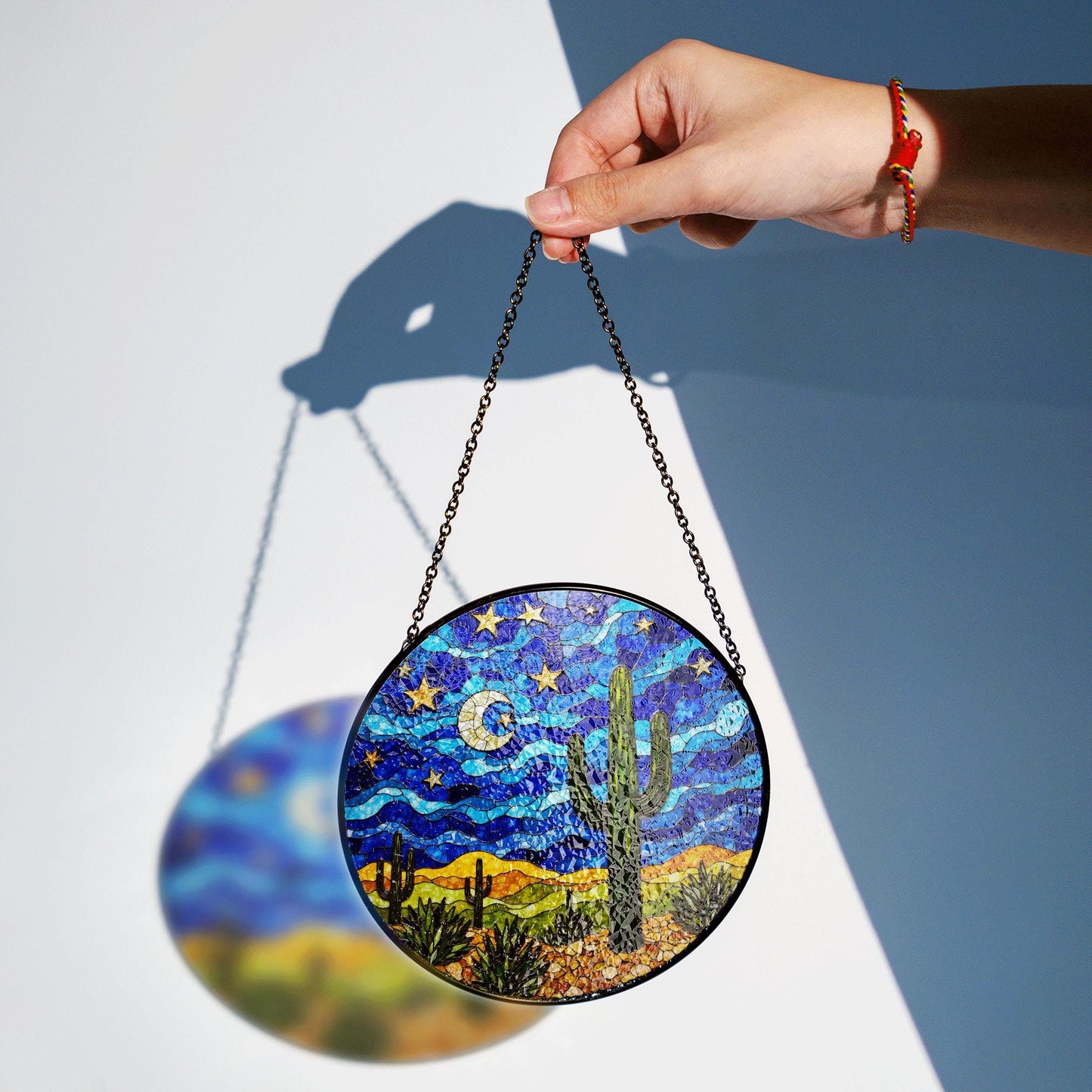 Starry Desert Night Cactus Stained Glass Suncatcher Window Decor Gift for Nature Lovers