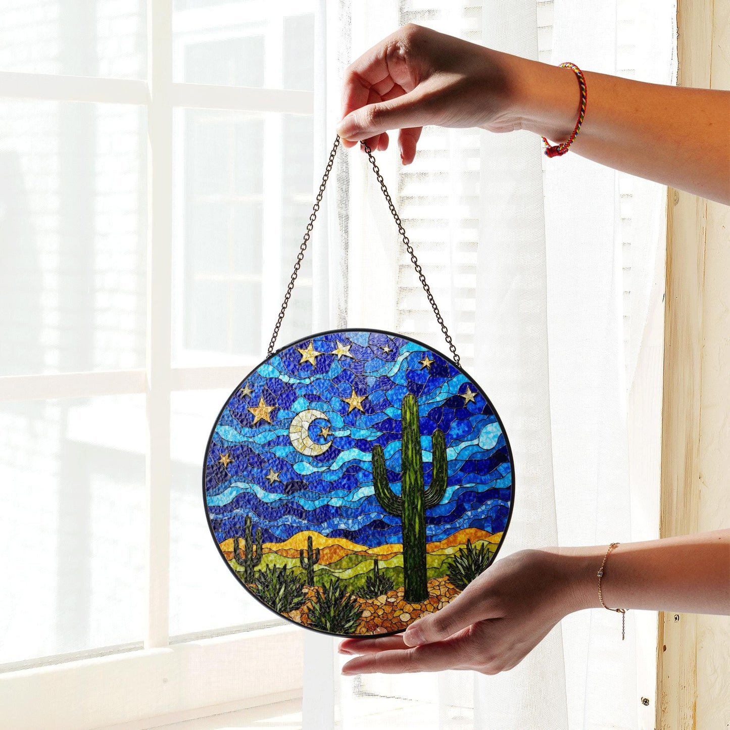 Starry Desert Night Cactus Stained Glass Suncatcher Window Decor Gift for Nature Lovers