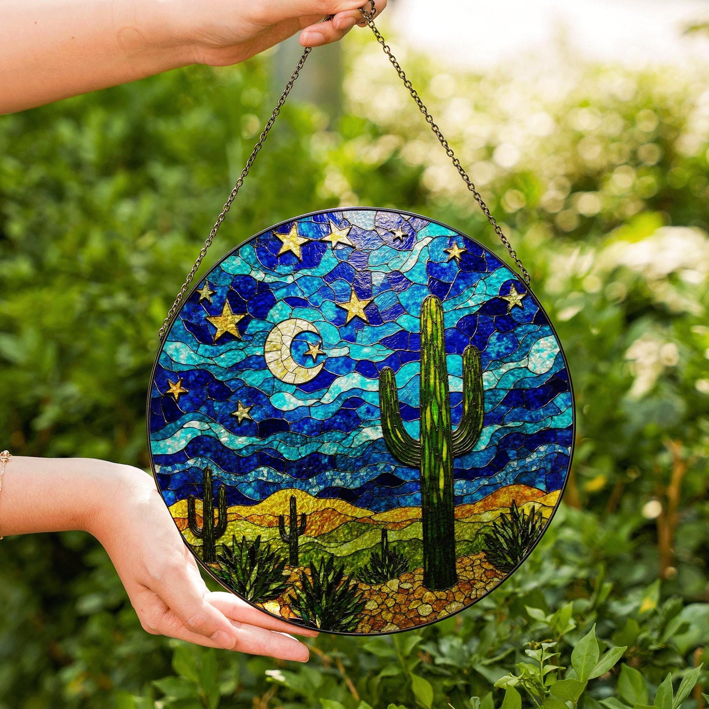Starry Desert Night Cactus Stained Glass Suncatcher Window Decor Gift for Nature Lovers