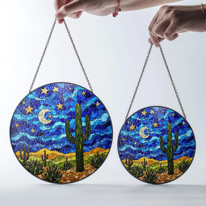Starry Desert Night Cactus Stained Glass Suncatcher Window Decor Gift for Nature Lovers