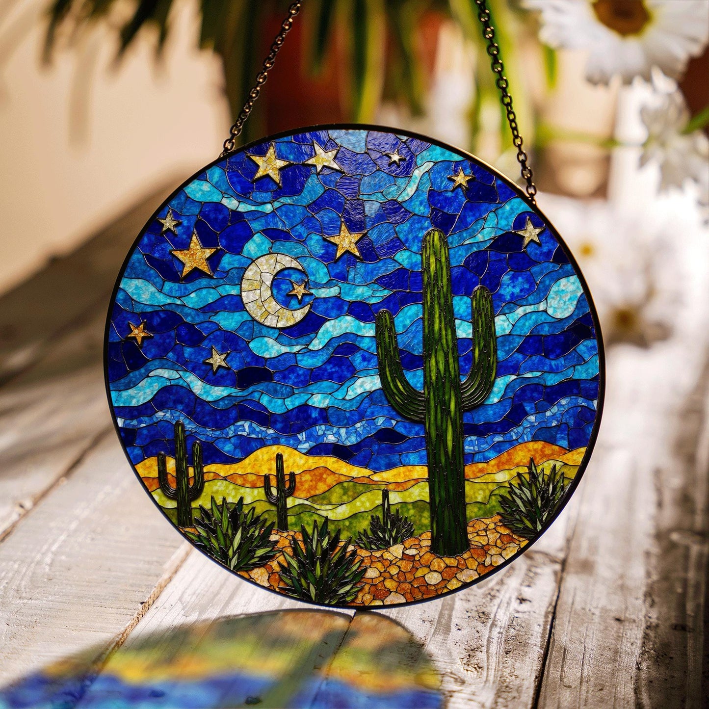 Starry Desert Night Cactus Stained Glass Suncatcher Window Decor Gift for Nature Lovers