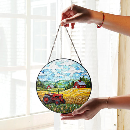 Red Tractor Farm Scene Stained Glass Suncatcher Country Landscape Window Decor Gift Dad