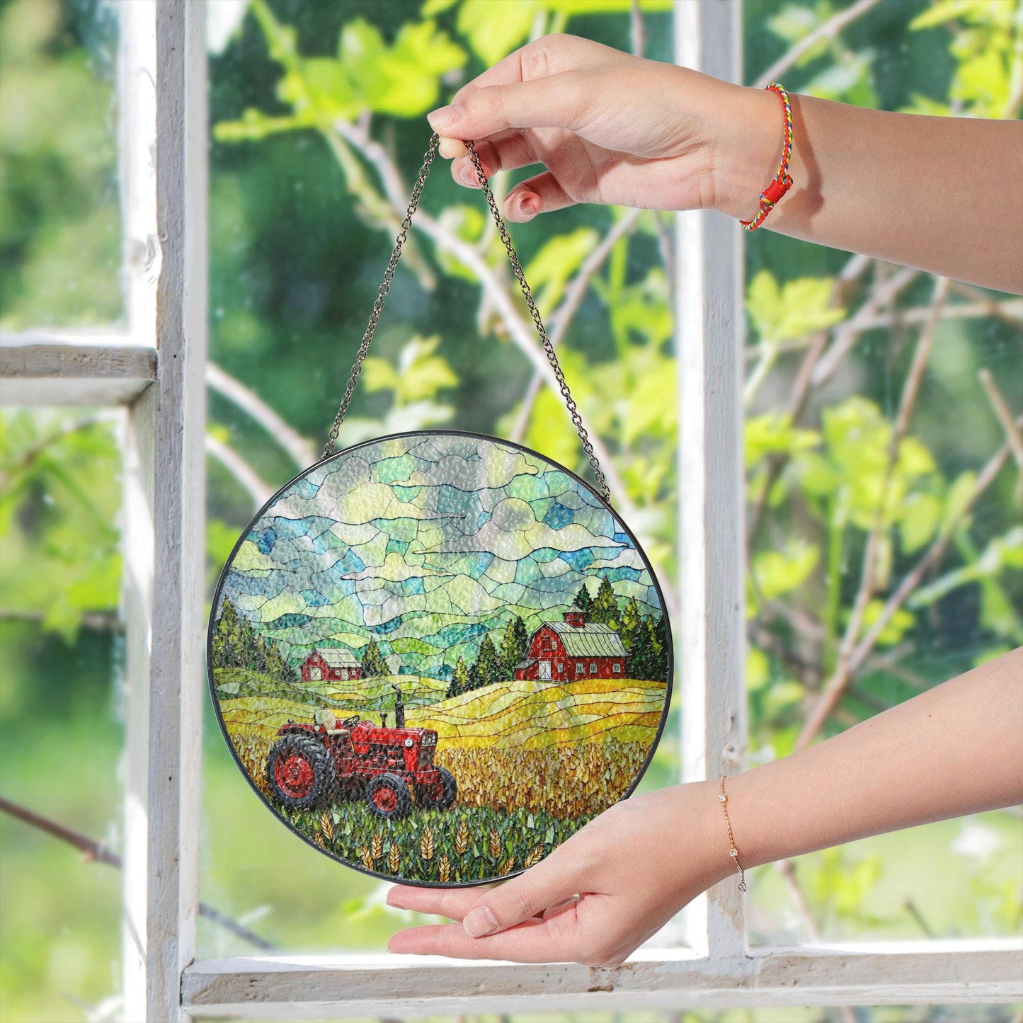 Red Tractor Farm Scene Stained Glass Suncatcher Country Landscape Window Decor Gift Dad