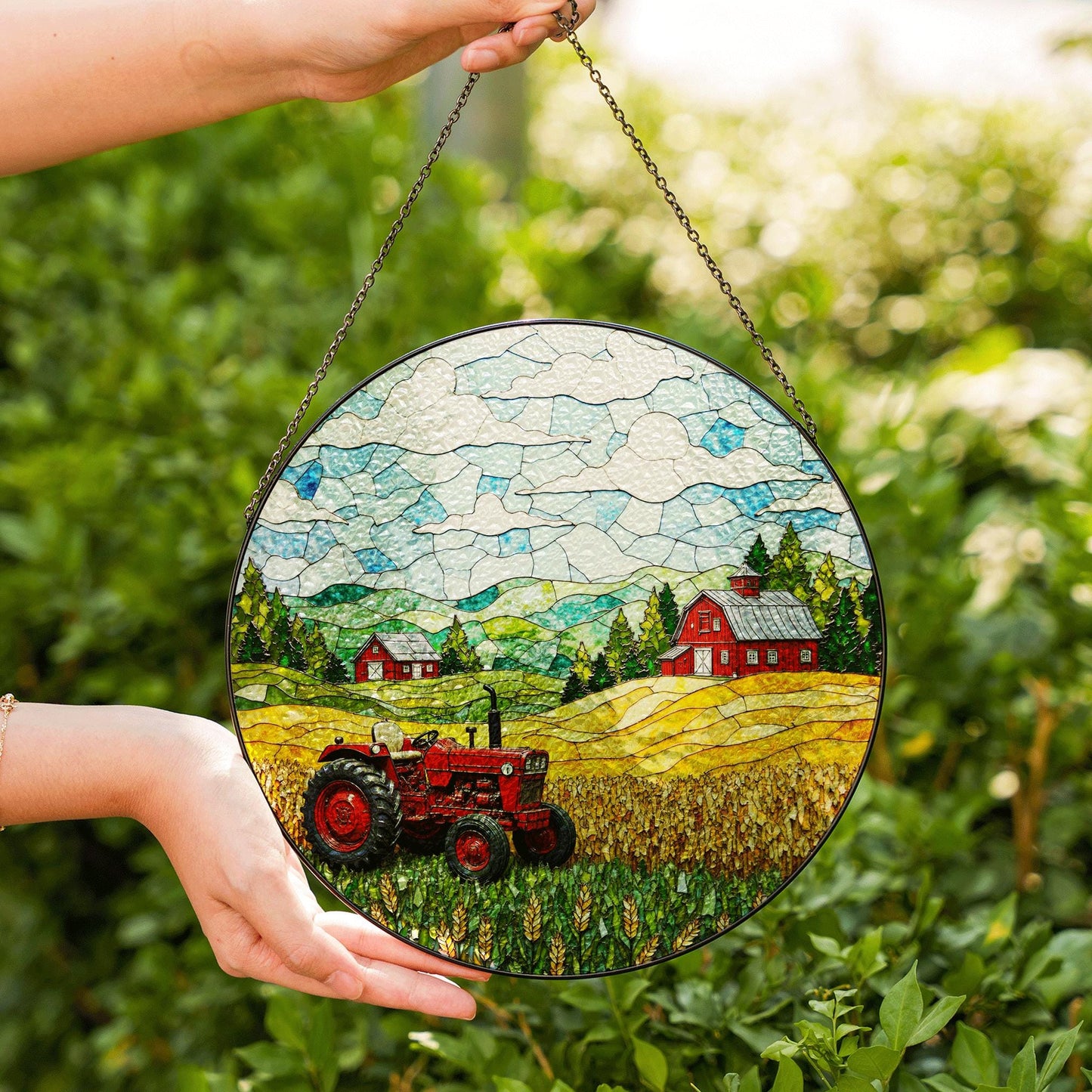 Red Tractor Farm Scene Stained Glass Suncatcher Country Landscape Window Decor Gift Dad