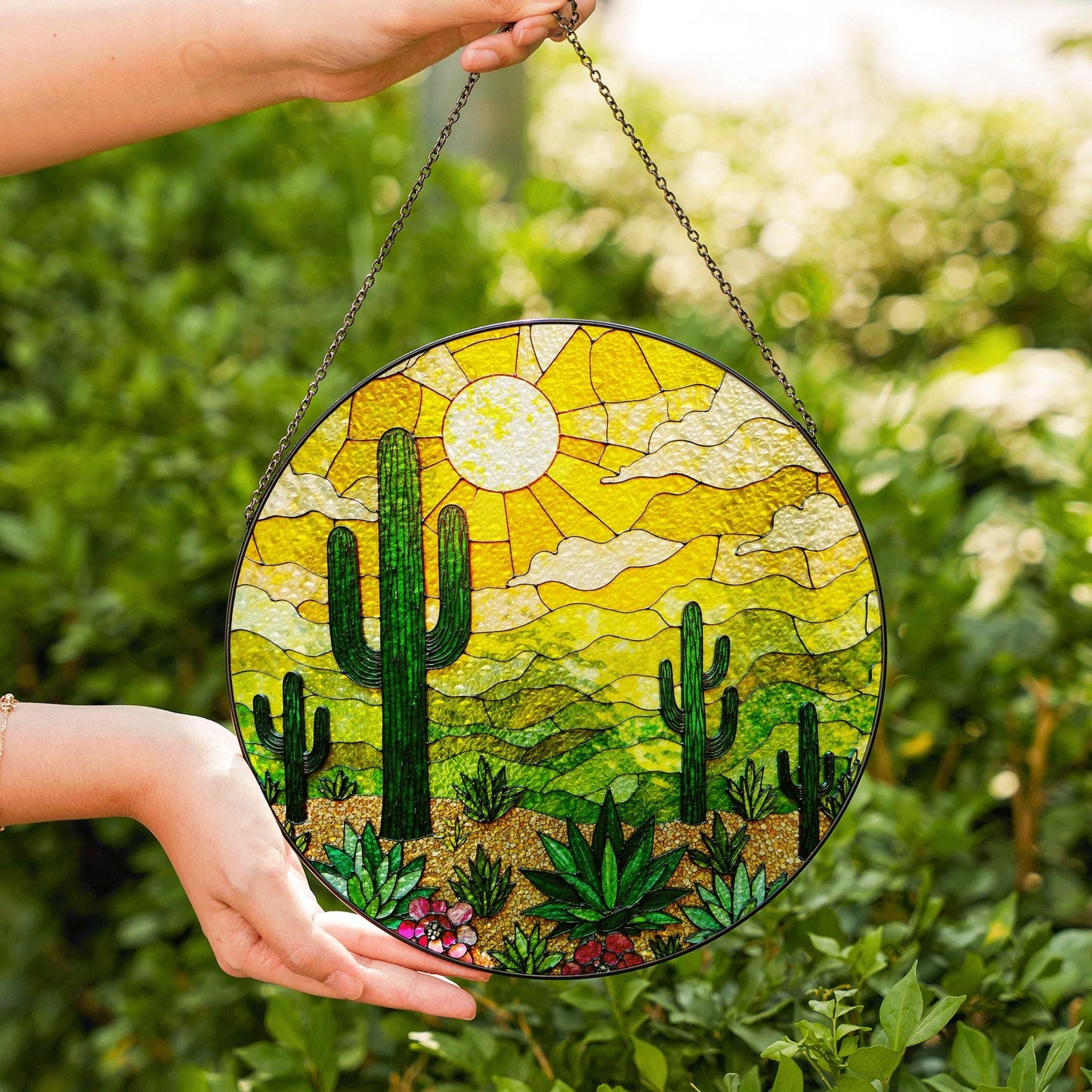 desert cactus landscape suncatcher stained glass window decor gift for plant lover
