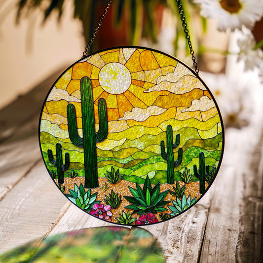 desert cactus landscape suncatcher stained glass window decor gift for plant lover