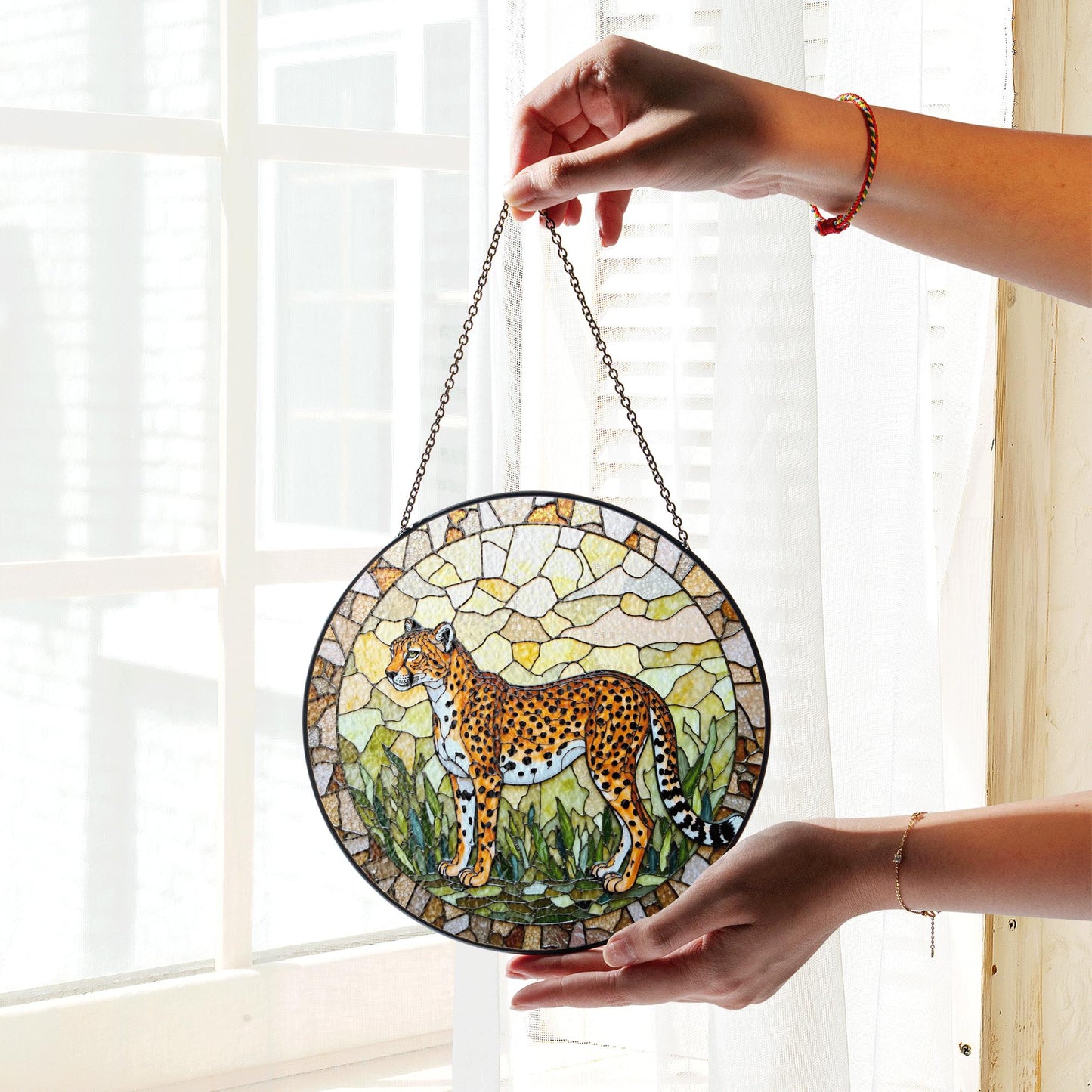 Stained Glass Cheetah Suncatcher Safari Animal Decor Gift for Dad