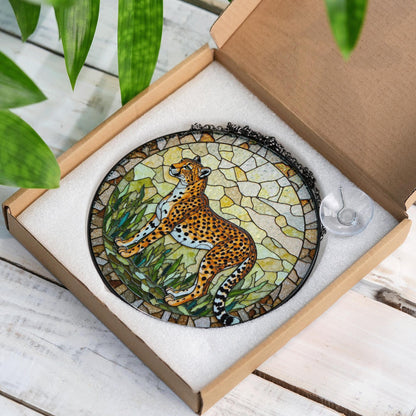 Stained Glass Cheetah Suncatcher Safari Animal Decor Gift for Dad