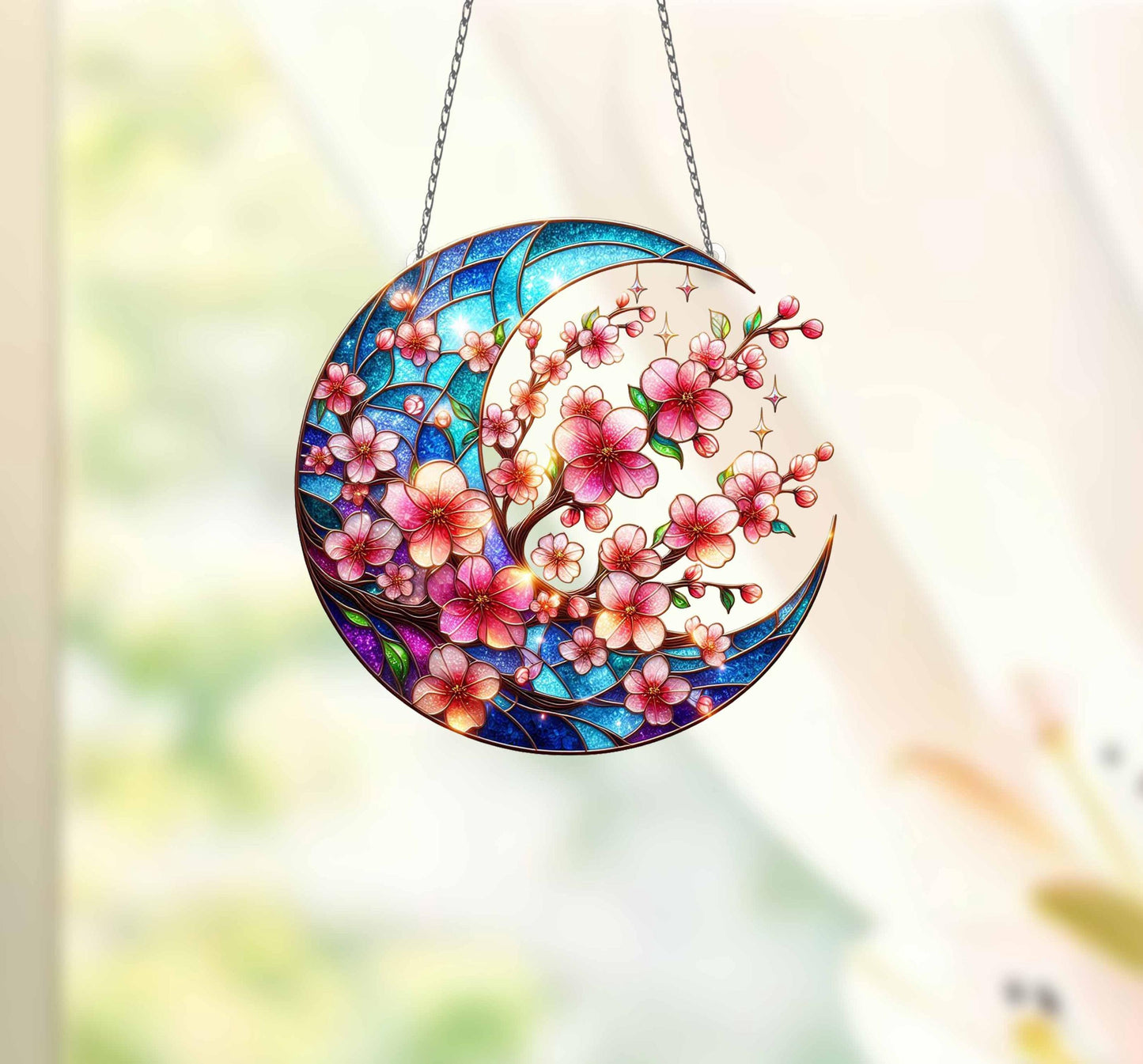 Sakura Twig Branch ACRYLIC Window Hanging, Cherry Blossom Crescent Moon Wall Window Hanging Art Decoration Ornament, Mother's Day Gift