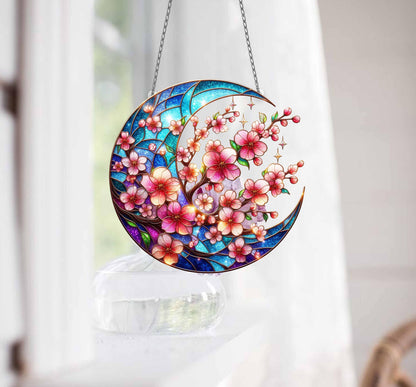 Sakura Twig Branch ACRYLIC Window Hanging, Cherry Blossom Crescent Moon Wall Window Hanging Art Decoration Ornament, Mother's Day Gift