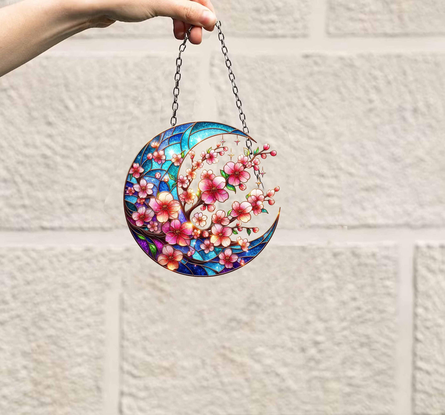 Sakura Twig Branch ACRYLIC Window Hanging, Cherry Blossom Crescent Moon Wall Window Hanging Art Decoration Ornament, Mother's Day Gift