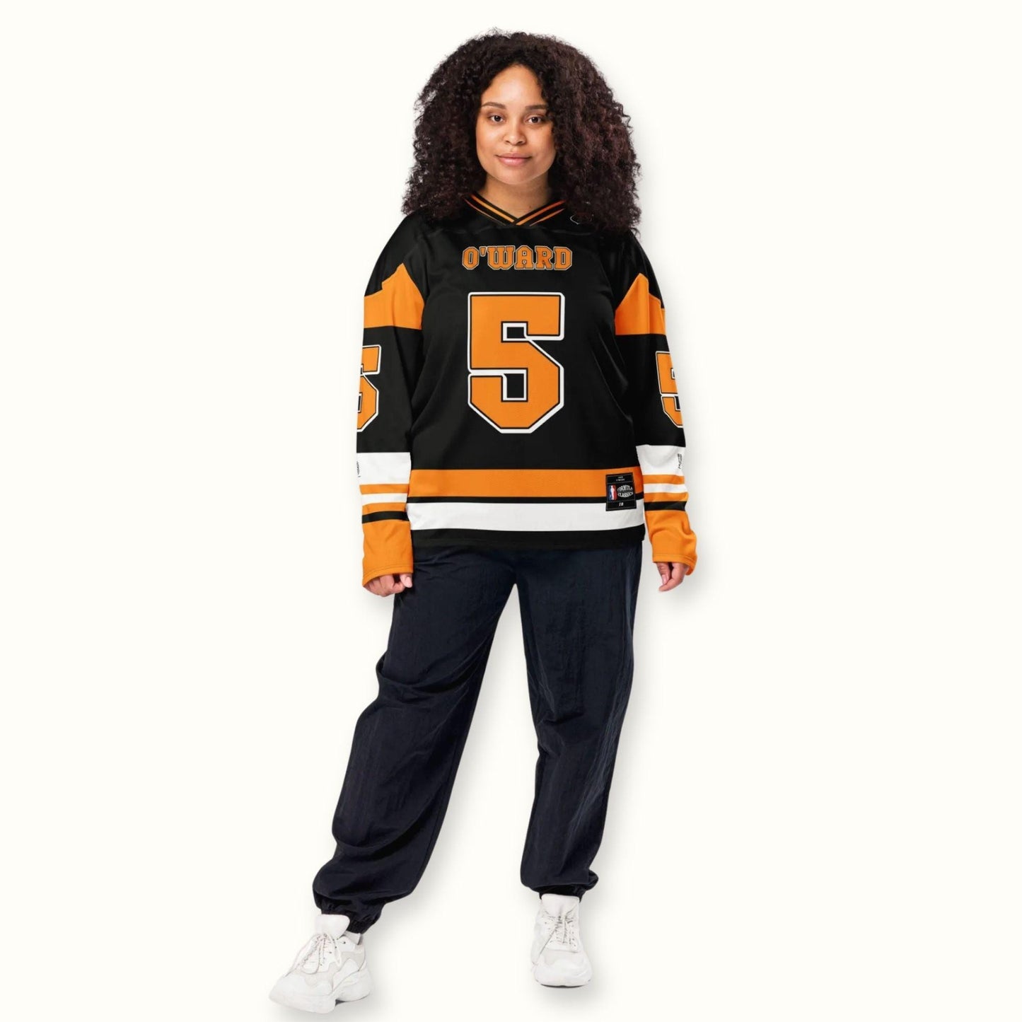 Motorsport-Inspired Unisex Oversized Hockey Jersey – Black and Orange Racing Jersey with Bold Number 5 Design