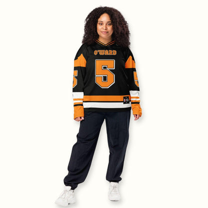 Motorsport-Inspired Unisex Oversized Hockey Jersey – Black and Orange Racing Jersey with Bold Number 5 Design