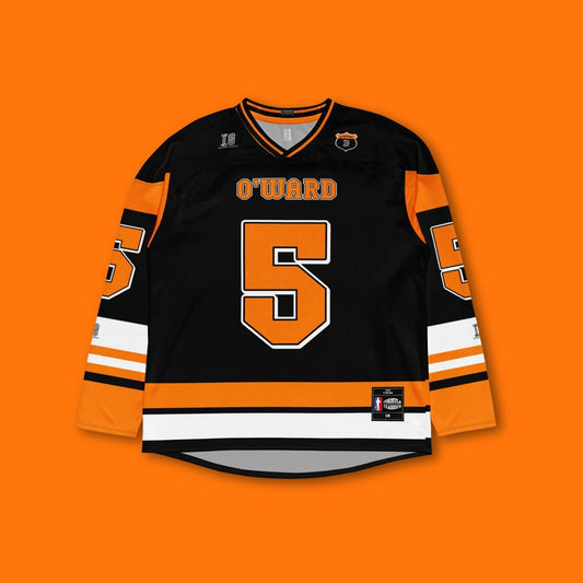 Motorsport-Inspired Unisex Oversized Hockey Jersey – Black and Orange Racing Jersey with Bold Number 5 Design