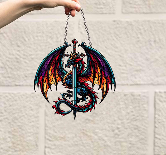 Fantasy Dragon window decor, Dragon and Sword Acrylic Window Hanging Art Decoration, faux Ornament, Gift for him, Indoor decor