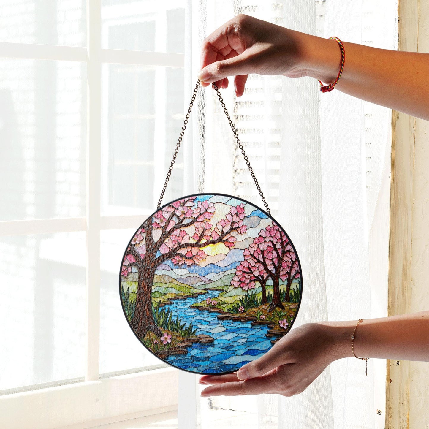 Cherry Blossom River Stained Glass Suncatcher Round Window Hanging Gift for Mom