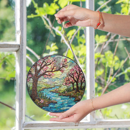 Cherry Blossom River Stained Glass Suncatcher Round Window Hanging Gift for Mom