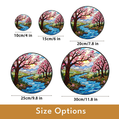 Cherry Blossom River Stained Glass Suncatcher Round Window Hanging Gift for Mom