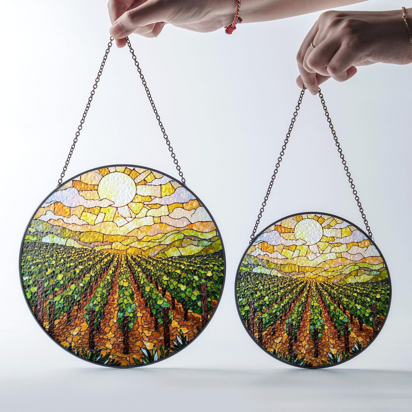 Golden Vineyard View Suncatcher Stained Glass Hanging Gift for Wine Lovers or Garden Fans
