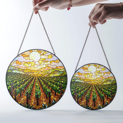 Golden Vineyard View Suncatcher Stained Glass Hanging Gift for Wine Lovers or Garden Fans