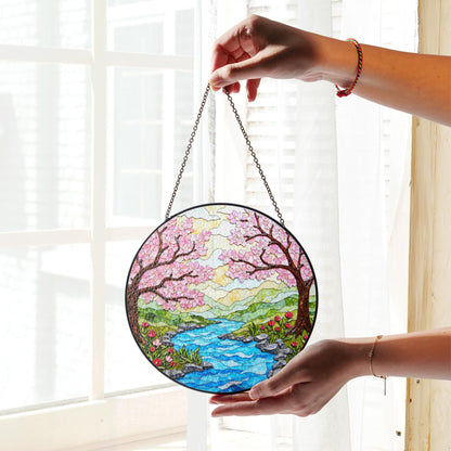 Cherry Blossom River Spring Stained Glass Suncatcher Nature Window Decor Gift for Mom