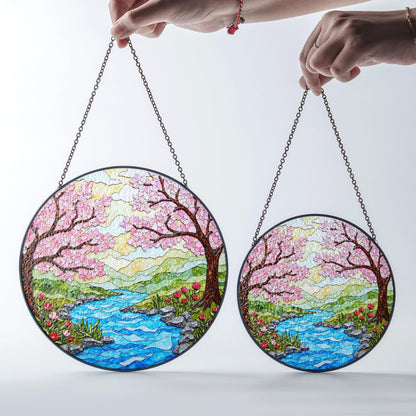 Cherry Blossom River Spring Stained Glass Suncatcher Nature Window Decor Gift for Mom