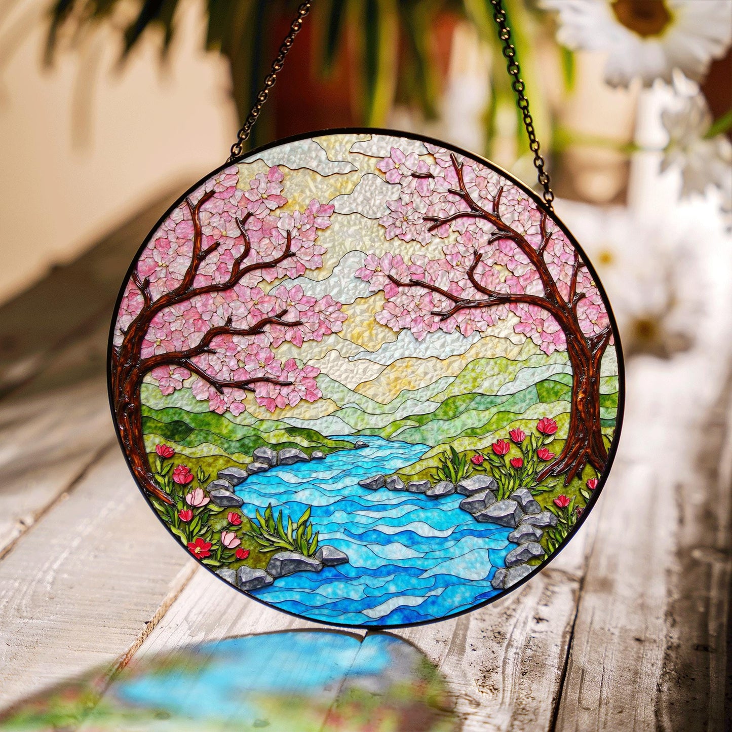 Cherry Blossom River Spring Stained Glass Suncatcher Nature Window Decor Gift for Mom