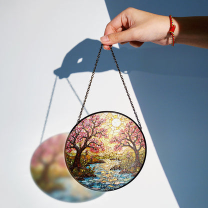 Cherry Blossom River Art Glass Suncatcher Spring Window Decor Gift for Mom or Nature Lover
