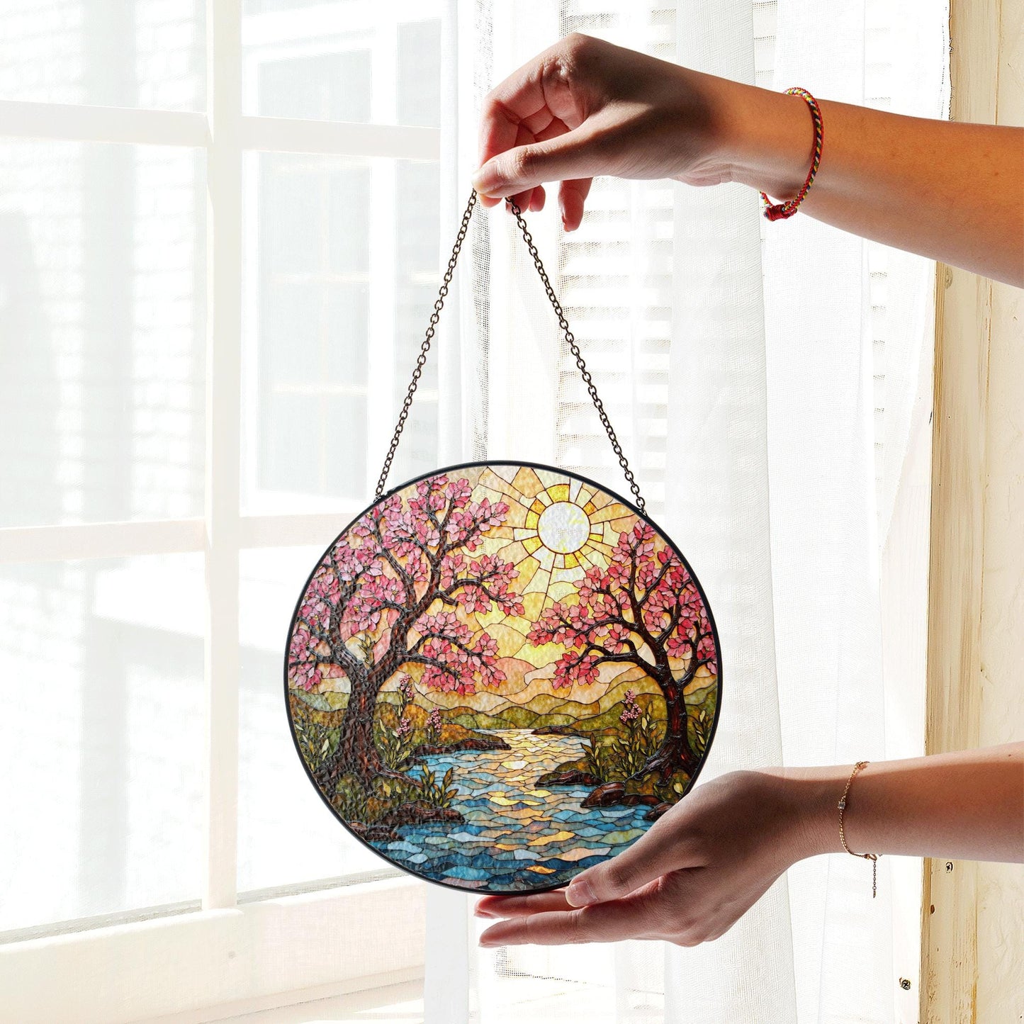 Cherry Blossom River Art Glass Suncatcher Spring Window Decor Gift for Mom or Nature Lover