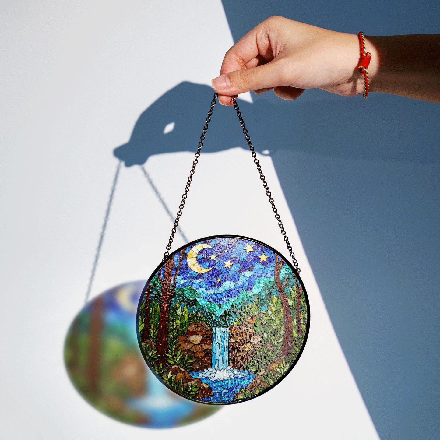 Moonlit Waterfall Forest Scene Stained Glass Style Suncatcher Gift for Nature Lover