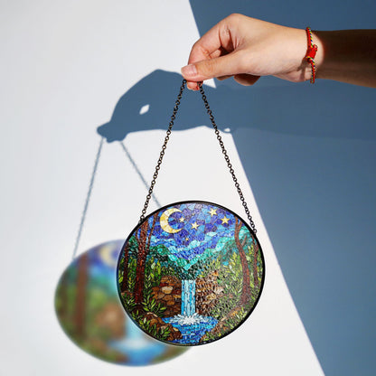 Moonlit Waterfall Forest Scene Stained Glass Style Suncatcher Gift for Nature Lover