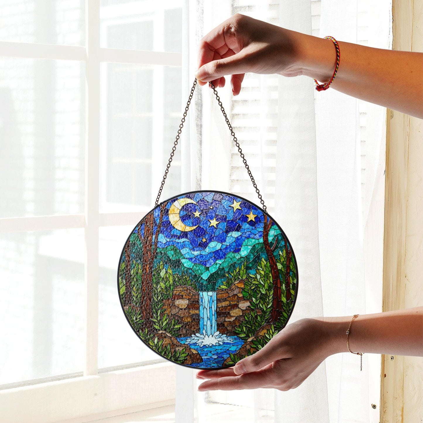 Moonlit Waterfall Forest Scene Stained Glass Style Suncatcher Gift for Nature Lover
