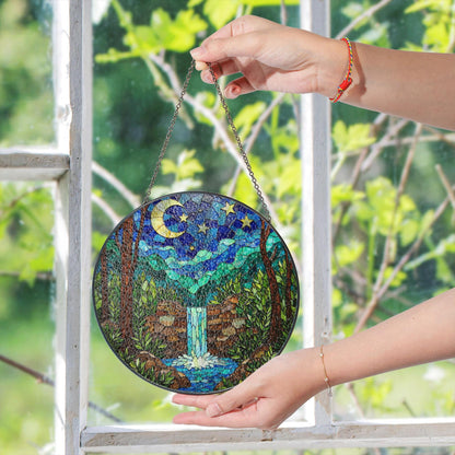 Moonlit Waterfall Forest Scene Stained Glass Style Suncatcher Gift for Nature Lover