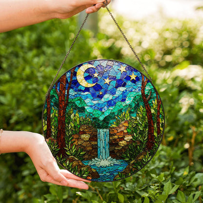 Moonlit Waterfall Forest Scene Stained Glass Style Suncatcher Gift for Nature Lover