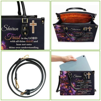 Personalized Leather Handbag Custom Name, Christian Gift, Gifts for Women, Trust in the Lord Bag, Floral Cross & Butterfly Design