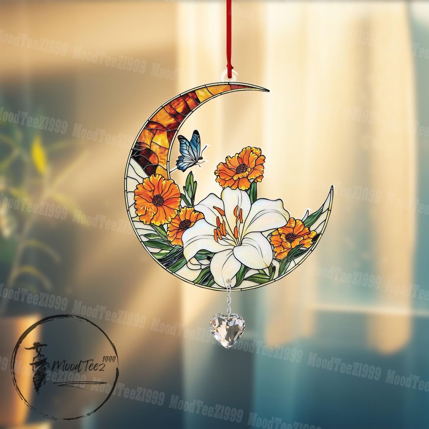 Floral Moon Window Hanging with Crystal, Acrylic Flower Decor, Light Reflecting Home Accent, Spring Floral Window Art, Gift for Her