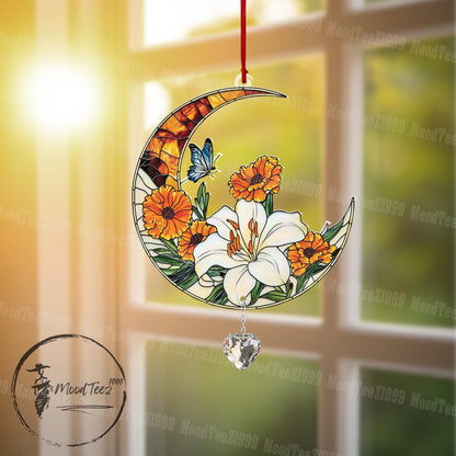 Floral Moon Window Hanging with Crystal, Acrylic Flower Decor, Light Reflecting Home Accent, Spring Floral Window Art, Gift for Her