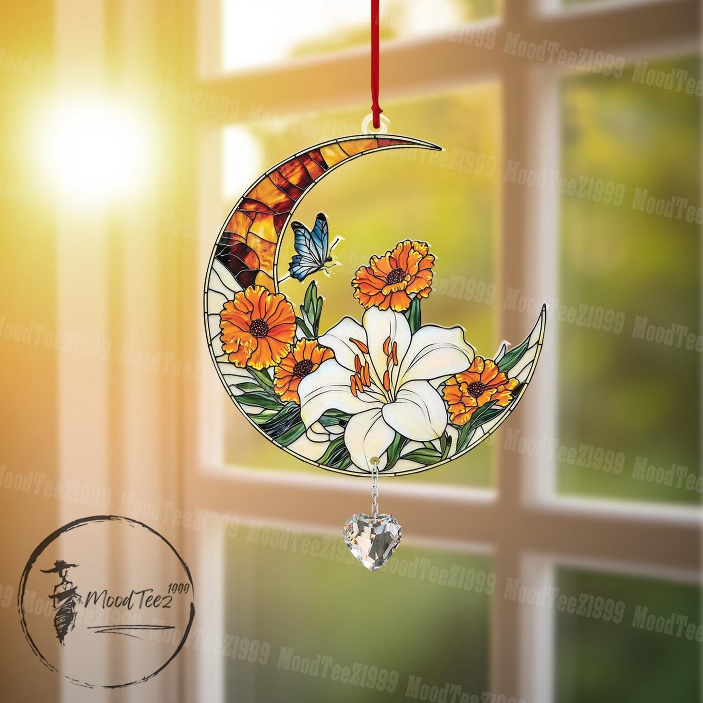 Floral Moon Window Hanging with Crystal, Acrylic Flower Decor, Light Reflecting Home Accent, Spring Floral Window Art, Gift for Her