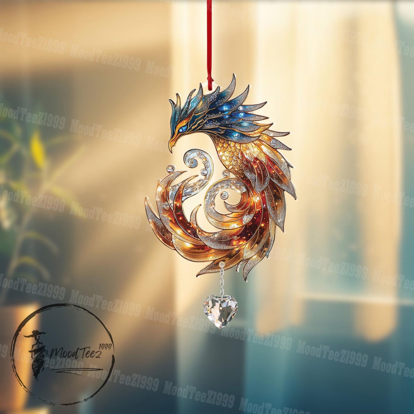 Phoenix with Crystal Window Hanging, Magical Phoenix Decor, Fire & Ice Fantasy Art, Mystical Bird Ornament, Unique Home Accent
