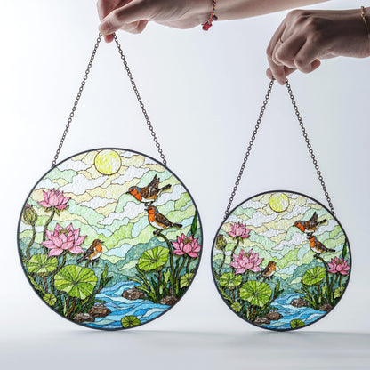 Birds and Lotus Pond Stained Glass Suncatcher Window Decor Gift for Nature Lover Friend