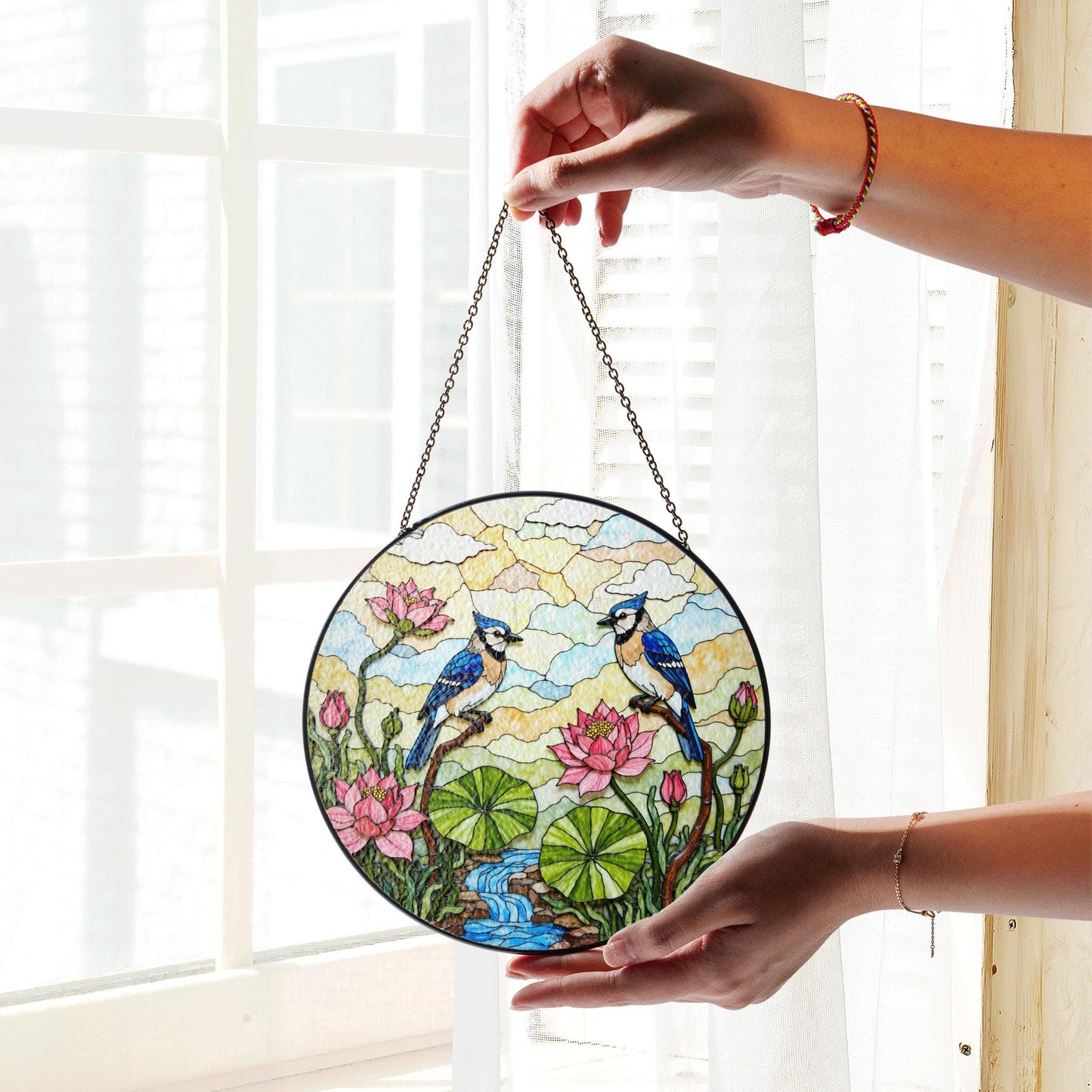 blue jay lotus flower creek stained glass suncatcher bird window decor gift for mom