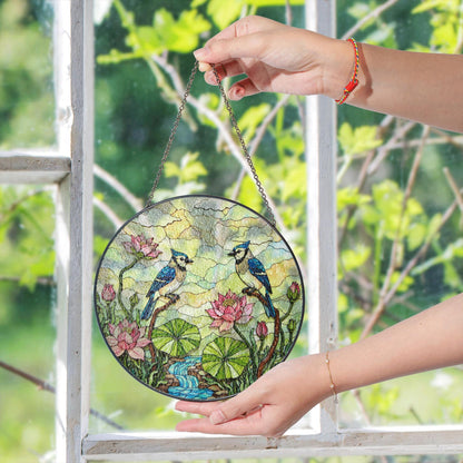 blue jay lotus flower creek stained glass suncatcher bird window decor gift for mom